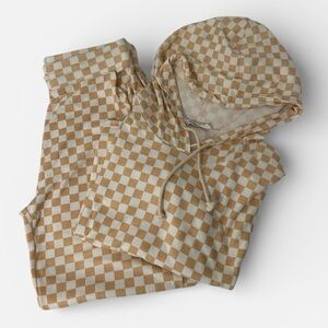 Double Zero Hoodie Sweatshirt Joggers Set Soft Lounge Athleisure Tan Checkered